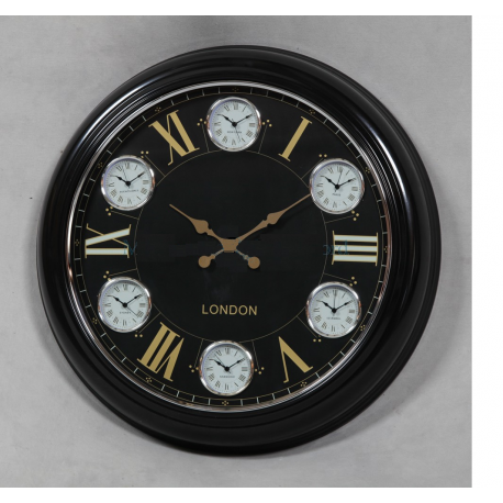 Large Black with Black and Gold Face Multi 6 Dial Wall Clock