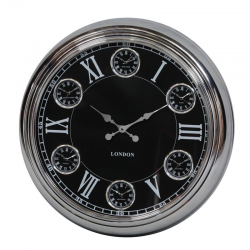 Large Chrome with Black Face Multi 6 Dial Wall Clock