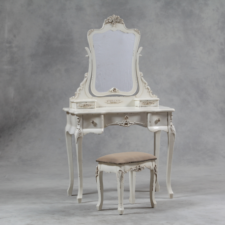 ANTIQUED CREAM ST. ETIENNE DRESSING TABLE AND STOOL SET