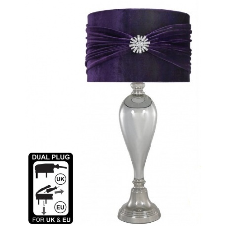Chrome Glass Classical Table Lamp With Purple Velvet And Crystal Shade