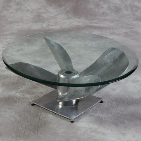 Large Antiqued Aluminium Propeller with Glass Top Coffee Table