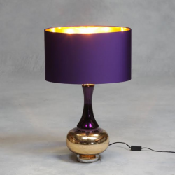 Two Tone "Petrol" Bulbous Lamp With Purple and Gold Silk Shade