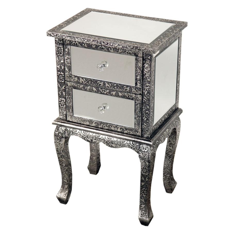Chaandhi Kar Black-Silver Embossed Mirrored Bedside Cabinet  Chaandhi Kar Black-Silver Embossed Mirrored Bedside Cabinet