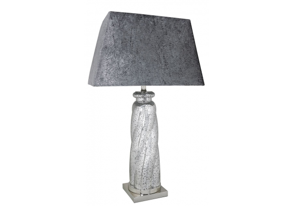 Silver Mercury Swirl Pillar Table Lamp With Grey Velvet Shade