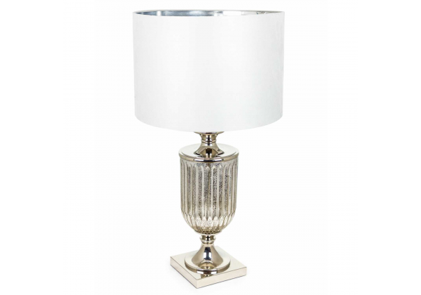 Antiqued Glass Urn Lamp with Silver Velvet Cylinder Shade