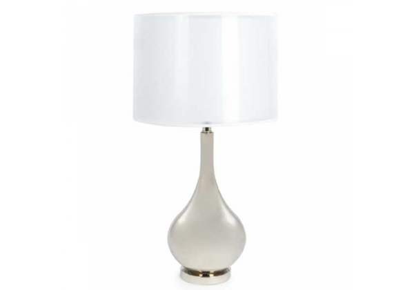 Tall Silvered Glass Lamp with White Double Shade