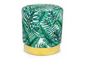 Tropical Green Leaf Round Stool on Gold Base