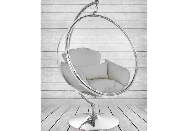 Retro Hanging Bubble Chair on Steel Base with Grey Cushion