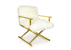 Brass Director's Style Chair with White Mongolian Fur Style Seat