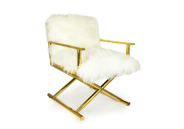 Brass Director's Style Chair with White Mongolian Fur Style Seat