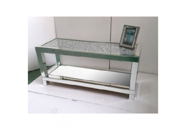 Venetian Crushed Diamond Mirrored Coffee Table With Crystal Table Top and Mirrored Shelf