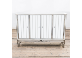 French Vintage Distressed Flat Silver Paint Mirrored Sideboard Cabinet