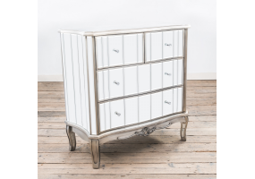 Annabelle French Vintage Distressed Shabby Chic Flat Silver Paint Mirrored Four Drawer Chest of Drawers