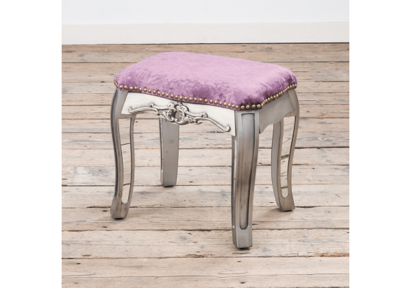 Annabelle French Vintage Distressed Shabby Chic Flat Silver Paint Mirrored Dressing Table Stool