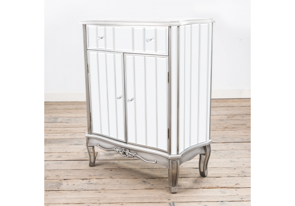 Annabelle French Vintage Distressed Shabby Chic Flat Silver Paint Mirrored Cabinet with Cupboard and Single Drawer