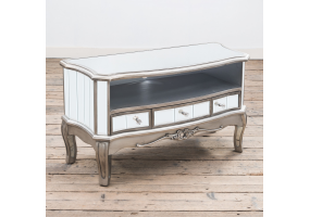 Annabelle French Flat Silver Paint Vintage Distressed Shabby Chic Mirrored Three Drawer Media Unit