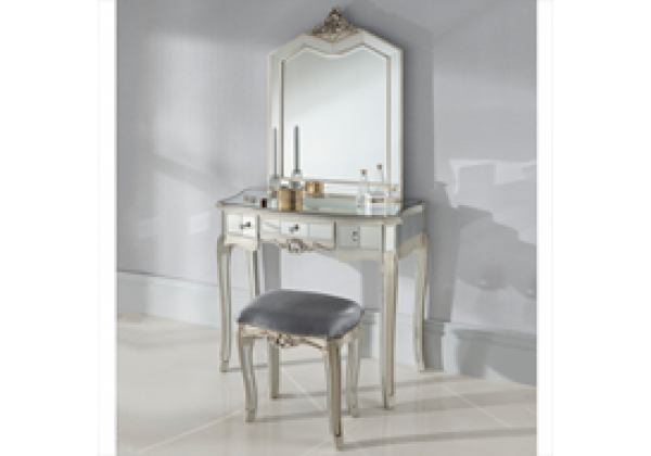 Annabelle French Silver Gilt Vintage Distressed Shabby Chic Mirrored One Drawer Console Dressing Table, Stool and Mirror Set