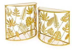 GOLD TROPICAL LEAF S/2 HALF MOON CONSOLE TABLES WITH MIRRORED SURFACES