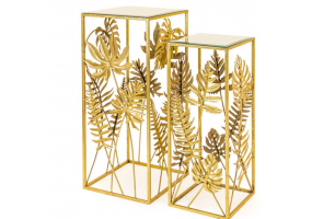 Gold Tropical Leaf Set of 2 Plant Stands with Mirrored Surfaces
