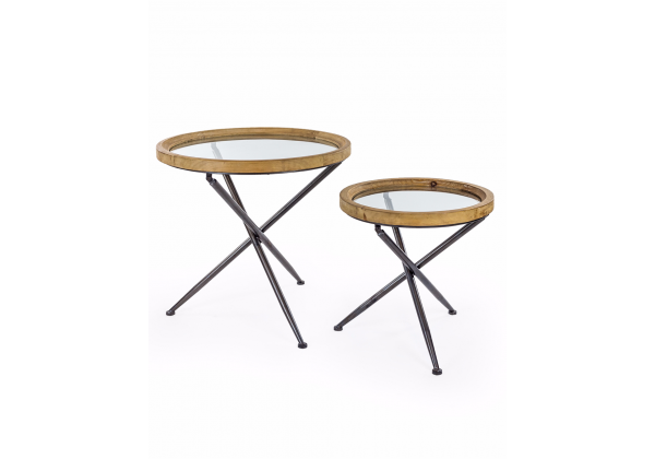 SET OF 2 ROUND WOOD WITH GLASS TRIPOD BASE SIDE TABLES