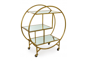 ANTIQUE GOLD/BRONZE LEAF METAL BAR TROLLEY WITH MIRROR SHELVES