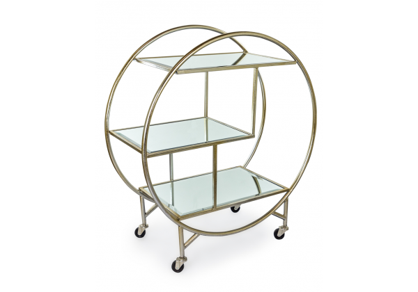 SILVER/CHAMPAGNE LEAF METAL BAR TROLLEY WITH MIRROR SHELVES