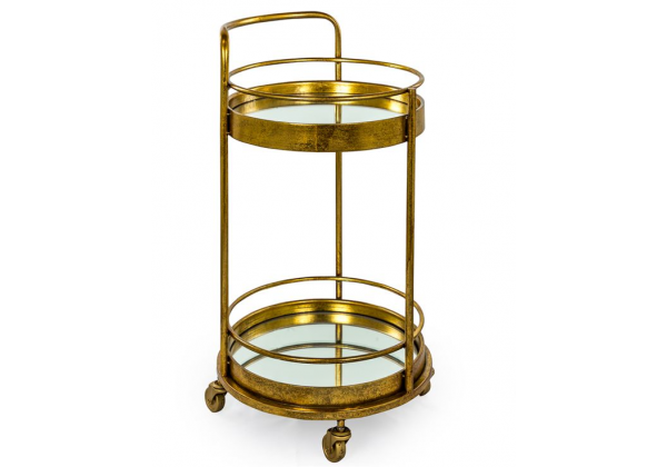 Antique Gold/Bronze Leaf Metal Small Round Bar Trolley with Mirror Shelves