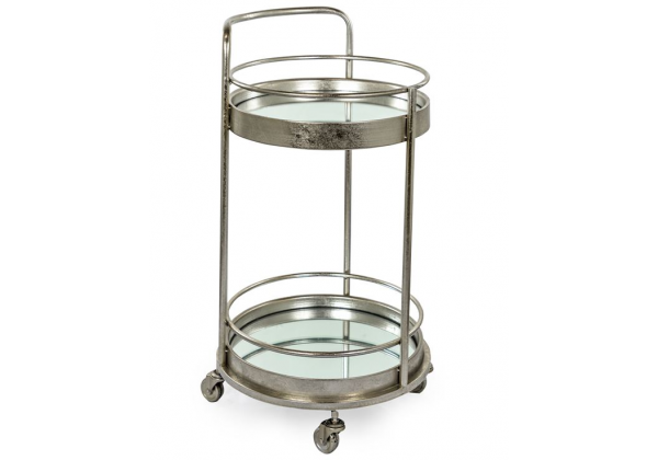 Antique Silver Leaf Metal Small Round Bar Trolley with Mirror Shelves