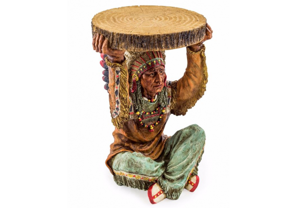 Native American Chief Holding "Trunk Slice" Side Table