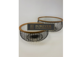 Set of 2 Iron, Wood and Glass Round Coffee Tables