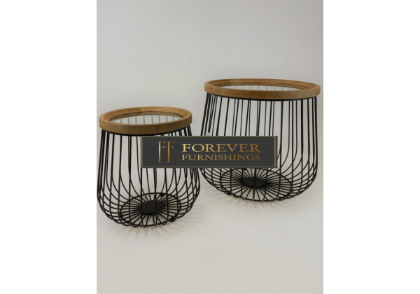 Set of 2 Iron, Wood and Glass Round Side Tables