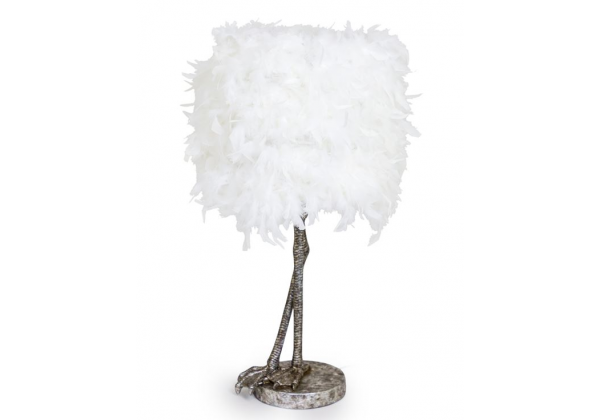Antique Silver Large Bird Leg Table Lamp with White Feather Shade