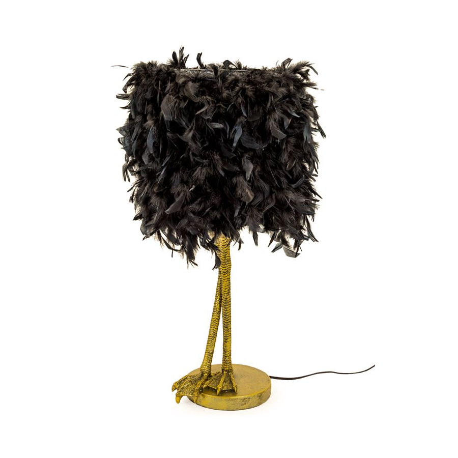 Antique Gold Large Bird Leg Table Lamp with Black Feather Shade