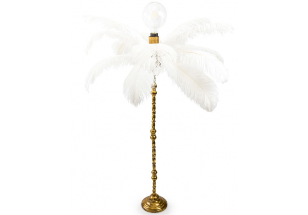Large White Ostrich Feather Table Lamp on Gold Base