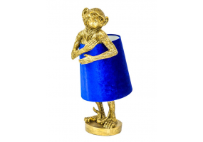 Antique Gold Bashful Monkey Table Lamp with Blue Velvet Shade