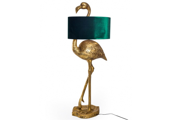 Antique Gold Flamingo Floor Lamp with Green Velvet Gold Lined Shade