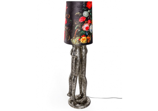Antique Silver Shady Lovers Floor Lamp with Floral Boho Velvet Shade