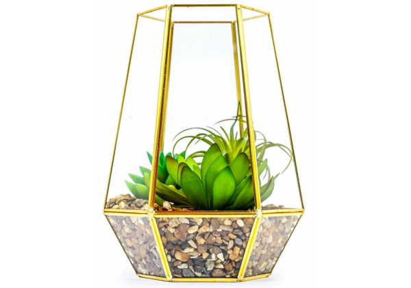 Large Gold Metal and Glass Candle Holder/ Planter