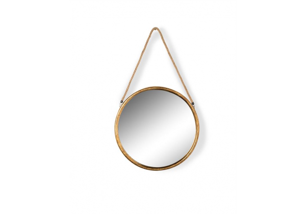 Small Round Gold Metal Mirror on Hanging Rope