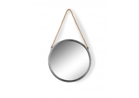 Medium Round Silver Metal Mirror on Hanging Rope