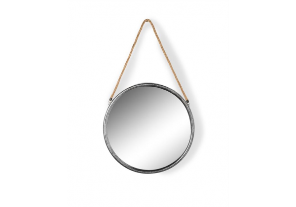 Medium Round Silver Metal Mirror on Hanging Rope