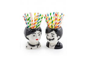Black and White S/2 Small Man and Woman Ceramic Pots