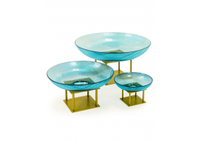 Set of 3 Deco Blue Glass Bowls on Gold Stands