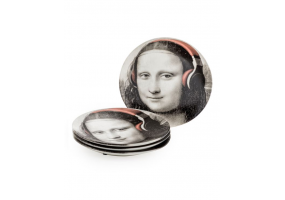 Set of 4 Black and White Mona Lisa Face 7" Ceramic Plates - Headphones