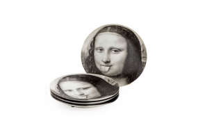 Set of 4 Black and White Mona Lisa Face 7" Ceramic Plates - Tongue