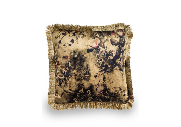 Boho Floral Velvet Cushion with Champagne Fringe Detail