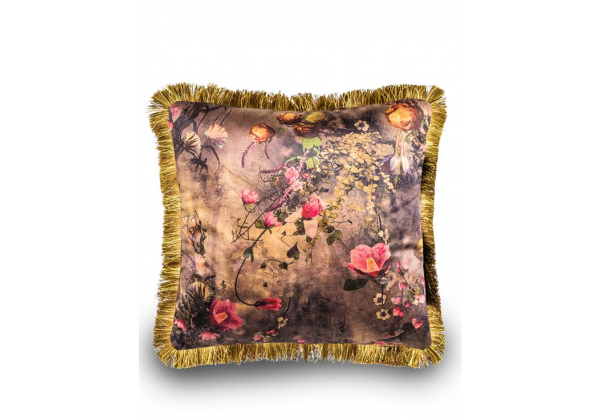 Boho Floral Velvet Cushion with Gold Fringe Detail