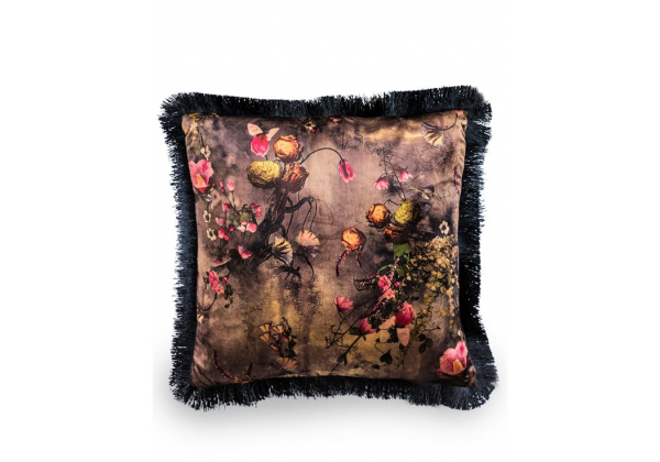 Boho Floral Velvet Cushion with Black Fringe Detail