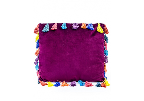 Aubergine Purple Large Square Velvet "Arco Iris" Tassel Cushion