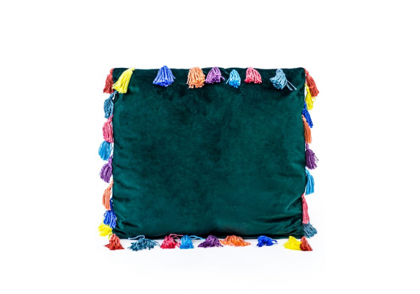 Fern Green Large Square Velvet "Arco Iris" Tassel Cushion